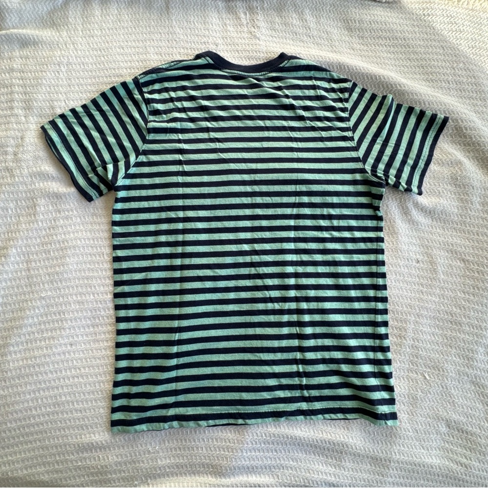 Navy Blue and Mint Green Striped Casual T Shirt